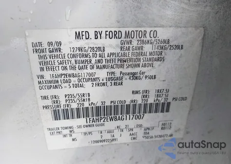2010 Ford Taurus Sel from USA, damaged, VIN 1FAHP2EW8AG117007